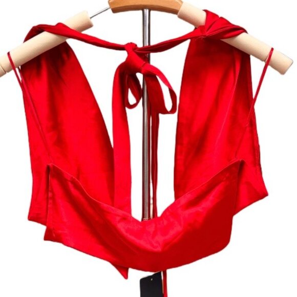 Fashion Nova NWT Red Silky Blouse Holiday Party Tie Back Sexy Halter Top Medium - Picture 2 of 6